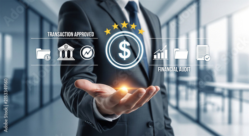 Financial audit concept with businessman, transaction approved icon, banking and money management