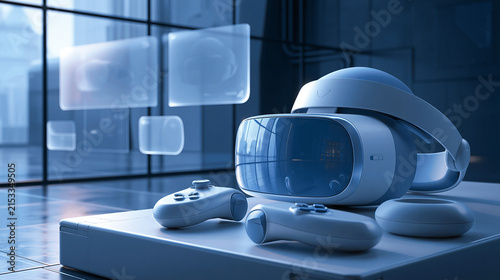Virtual reality headset with controllers, gaming equipment, digital interface, metaverse experience.