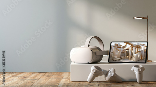 White virtual reality headset and controllers with digital tablet on wooden table representing modern metaverse gaming technology.