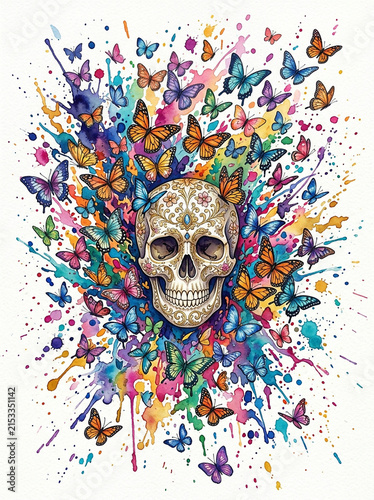 Colorful watercolor skull with butterflies splash art