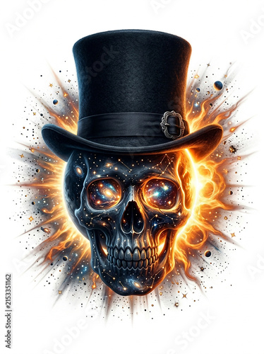 Cosmic Skull in Top Hat with Fiery Glow