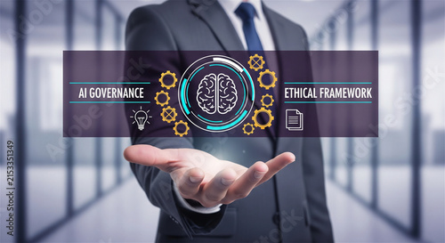 AI governance concept, businessman presenting ethical framework for artificial intelligence