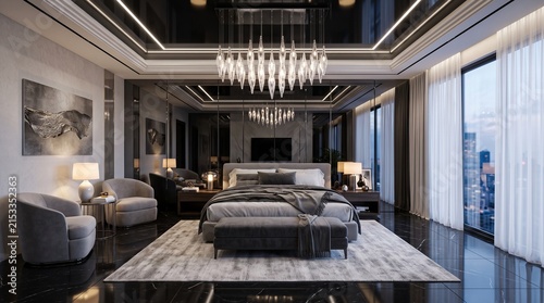 Luxurious master bedroom interior featuring a grand crystal chandelier above a plush bed with dark velvet accents and soft seating arrangements within a spacious residence displaying premium