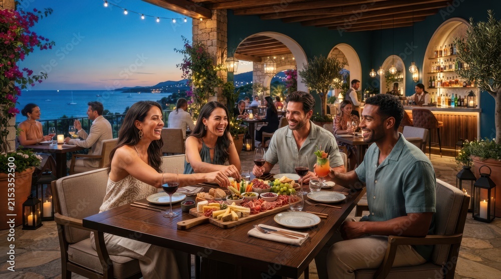 Fototapeta premium Friends enjoying a delightful charcuterie board dinner at a seaside restaurant at dusk