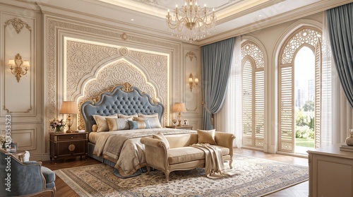 A comfortable king size bed nestled within a luxurious master suite featuring golden lighting accents soft window curtains and organized walk in storage closets for an enhanced living