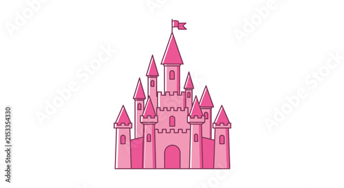 Pink fairytale castle illustration for kids, royal fantasy building
