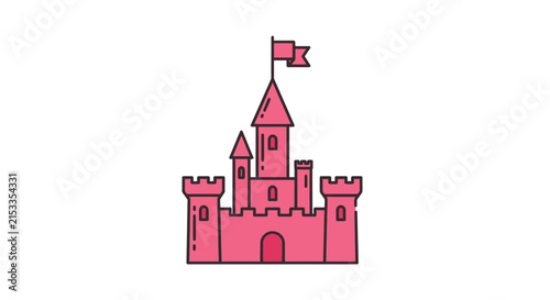 Pink fairytale castle illustration with flag, simple vector art on white background.