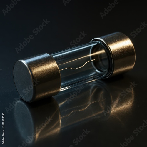 Cylindrical electrical fuse featuring brushed metal end caps and clear body