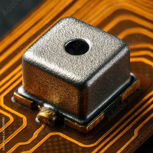 Miniature electronic sensor featuring a small hole and brass mounting legs