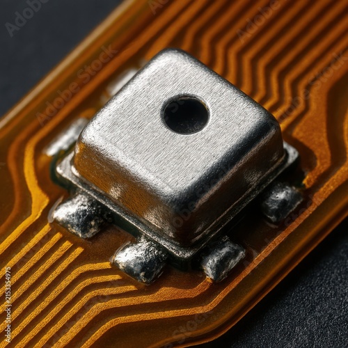 Detailed macro shot of a metal can package soldered onto flexible circuitry