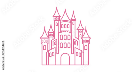 Pink Castle Outline Icon on White Background - Fairytale Fantasy