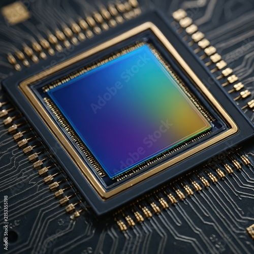 Detailed three dimensional render of a digital optical sensor module reflecting vibrant spectral light