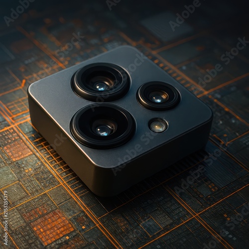 Three dimensional visualization of a modern smartphone optical sensor and triple lens unit