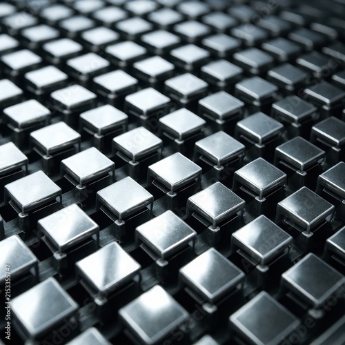 Detailed macro view of metallic surface mount capacitor chip components arranged in grid packaging