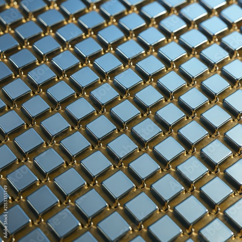 Three dimensional render showing rows of square silver electronic components in tray array