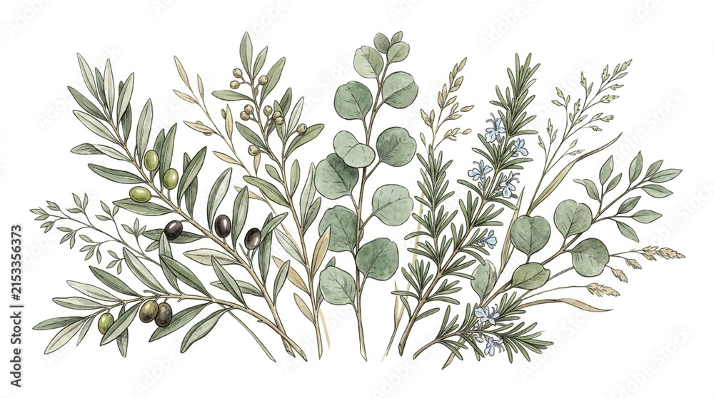 Fototapeta premium Mediterranean Botanical Foliage Collection