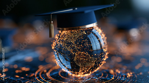 Digital globe capped with a graduation hat on bright clean background, detailed composition, symbolizing the connection between education and technology, bright, globe, education,