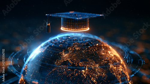 Glowing digital globe with a floating graduation cap hovering above it, surrounded by faint orbiting data particles, bright minimal background, detailed futuristic composition symb