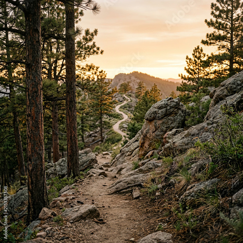 Dirt hiking trail winds through a rocky pine forest toward distant mountains at sunset