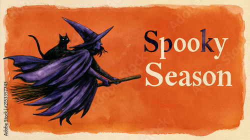 Watercolor Halloween illustration, whimsical side view of an elegant witch flying on a broomstick with her black cat perched behind her, wearing a flowing purple cloak and pointed