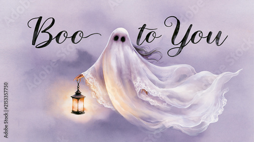 Watercolor Halloween illustration, whimsical stylish female ghost floating gracefully in a flowing lace dress, holding a small lantern with a soft glow, clean muted lavender waterc
