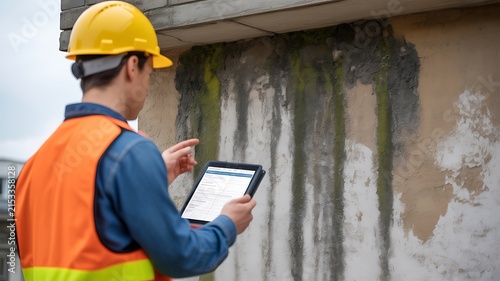 Engineer inspecting exterior wall showing mold, dampness, and efflorescence, documenting building damage with a digital tablet wearing safety vest and hard hat