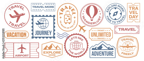 Travel stamps and badges collection. Vacation stickers design template.