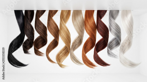 Row of colorful curled hair swatches on a white background