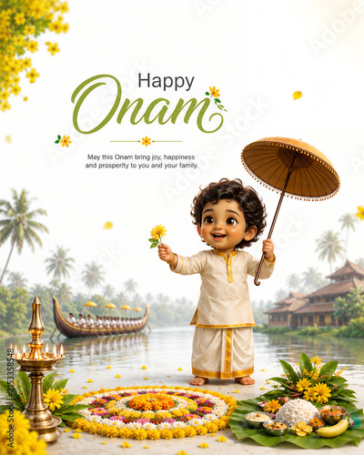 Cute little boy in traditional kerala attire celebrating onam festival with flowers and a decorative oil lamp