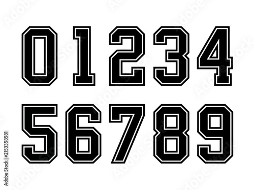 Fotografie Athletic varsity numbers set 0-9 in black collegiate font with double outline fo