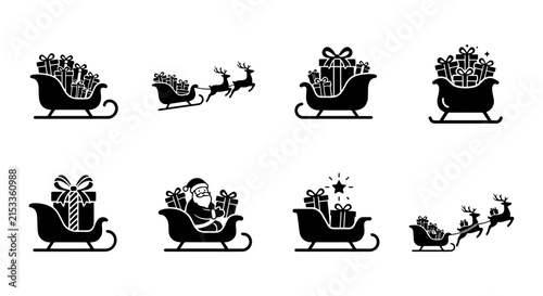 Christmas Sleigh Icons, Santa Claus Gift Delivery Vector Set, Festive Holiday Transportation Graphics