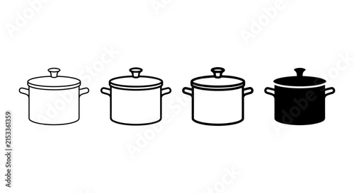 Set of Four Cooking Pots, Kitchenware Icons, Culinary Equipment, Food Preparation Vector Graphics