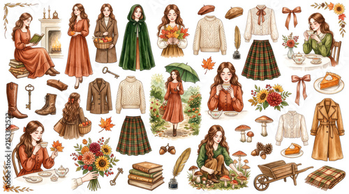 vintage autumn clipart collection, cozy seasonal attire, classic fall style, knitted sweaters, warm earthy tones, vintage accessories, rustic elegance, country lifestyle, seasonal decor, stickers set