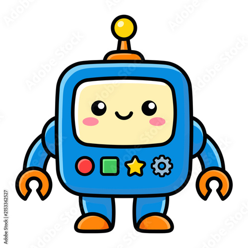 Cute cartoon robot with rounded features is depicted as a vibrant vector illustration digital toy