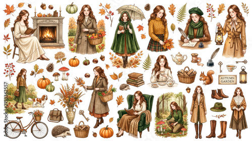 Autumn clipart collection, vintage style, watercolor sticker set, seasonal decor, cozy fall elements, women's fashion, rustic charm, woodland inspirations, elegant women, seasonal ambiance
