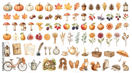 autumn watercolor illustrations, seasonal clipart, cozy fall elements, vintage harvest symbols, rustic nature motifs, woodland creatures, botanical designs, seasonal decoration