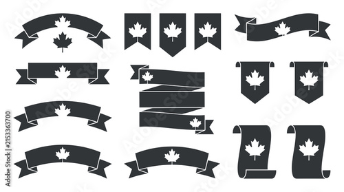 Collection of black and white ribbon banners with Canadian maple leaves.