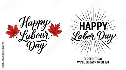 Happy Labor Day designs featuring maple leaves and sunburst.