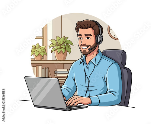 Man working on laptop with headset in office setting
