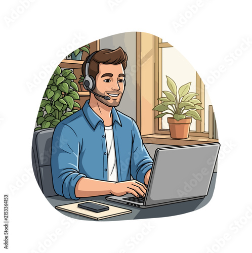 Man working remotely wearing headset typing on laptop computer