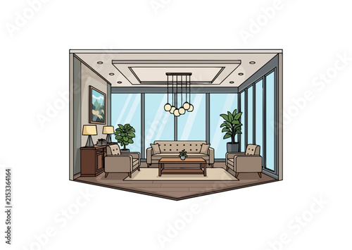 Modern living room interior design with large windows and comfortable seating