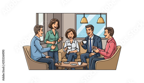 People social gathering enjoying coffee break conversation