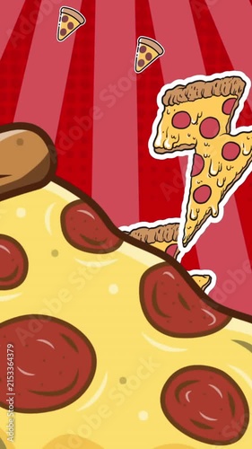 Animation of pizza icons over stripes on red background