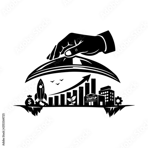 Hand lifting a protective shield over startup companies growing from bar charts.
