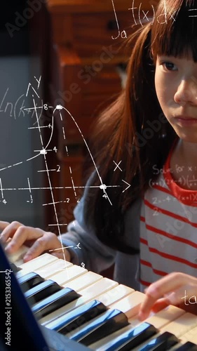 Mathematical equations floating against girl playing the piano