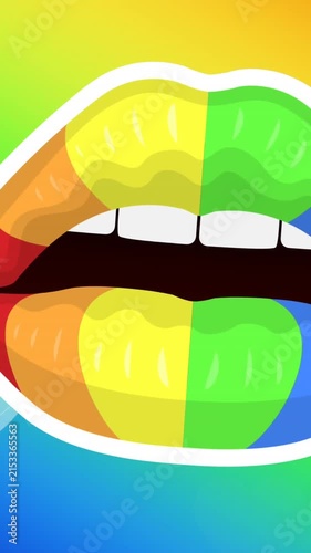 Animation of rainbow lips and hearts over rainbow background