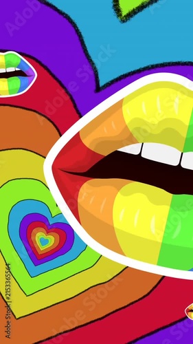 Animation of rainbow lips over rainbow hearts background