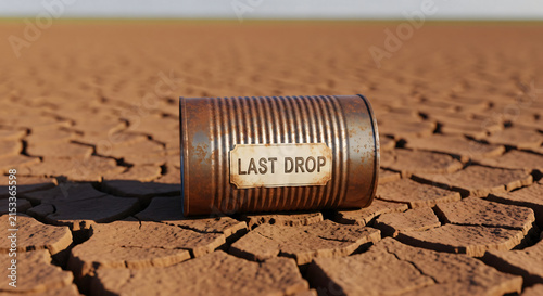 Rusty Tin Can with Last Drop Label on Dry Cracked Ground Drought