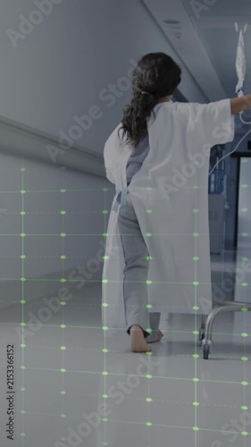 Animation of data processing over girl patient with drip in hospital