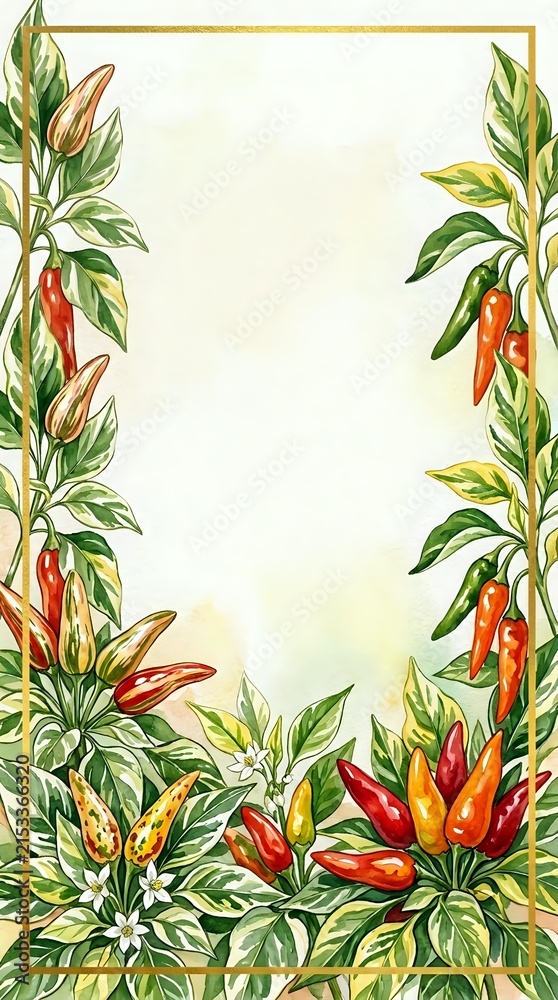 Obraz premium Botanical illustration of red chili peppers with green foliage and golden frame border, suitable for culinary designs, recipe cards, and kitchen decor projects.
